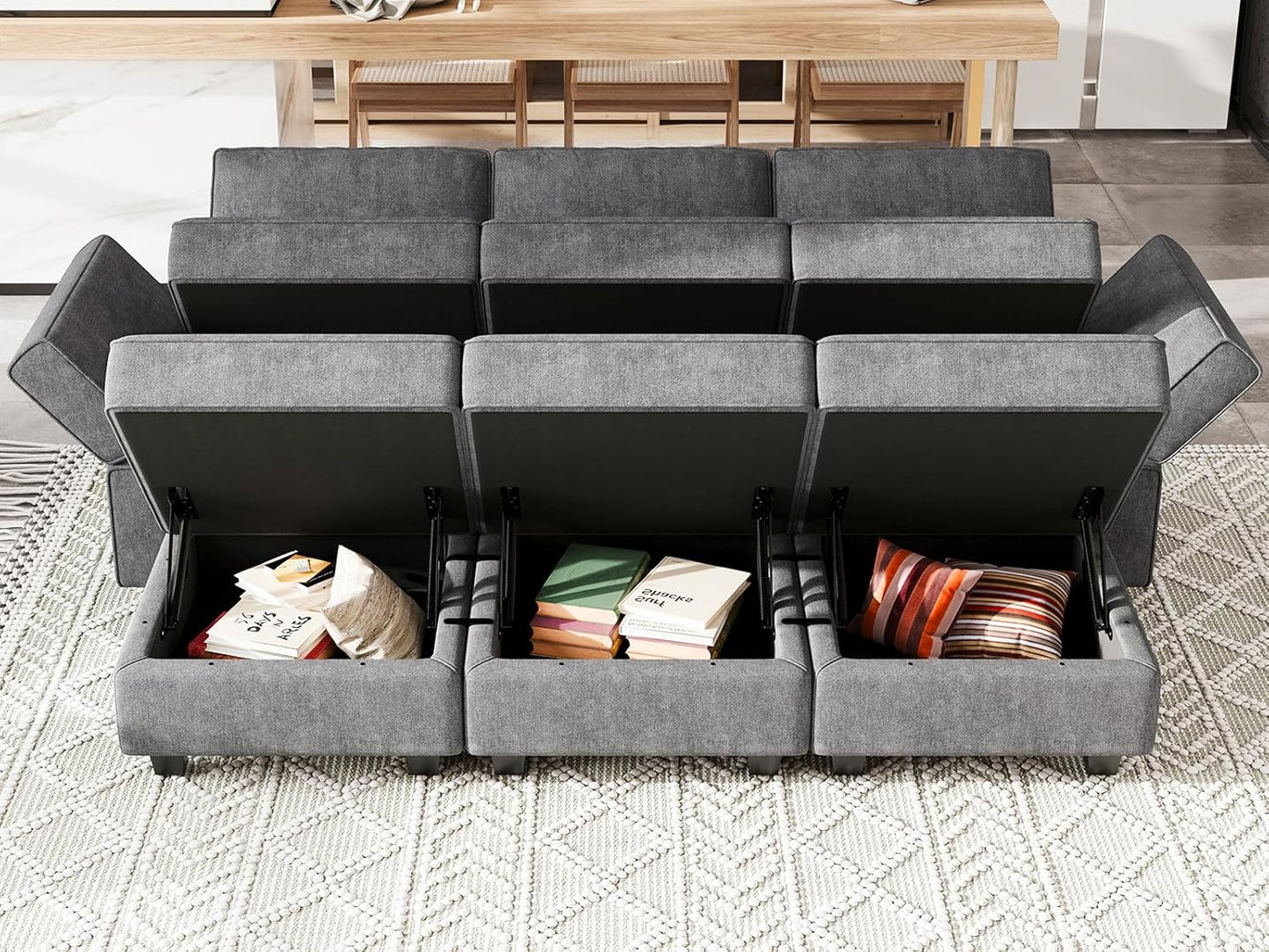 Belffin Terry Fabric Modular Sectional Sleeper Sofa Bed with Storage Convertible Sectional Couches for Living Room 6 Seaters Dark Grey Modular Sofa