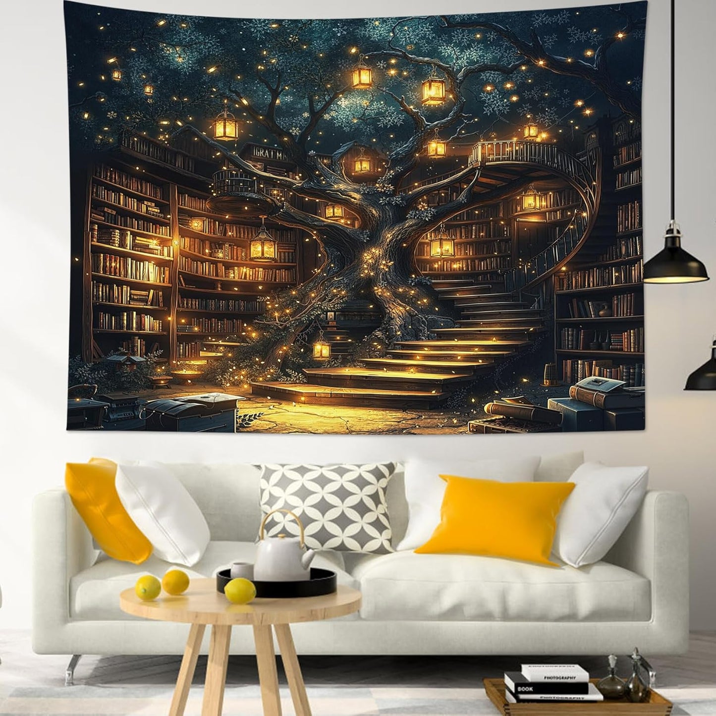 HVEST Fantasy Library Bookshelf Tapestry Wall Hanging Fairytale Tree Magic Bookshelf Tapestry Aesthetic Retro Vintage Tapestries for Bedroom Living Room Dorm, 51L x 59W Inches