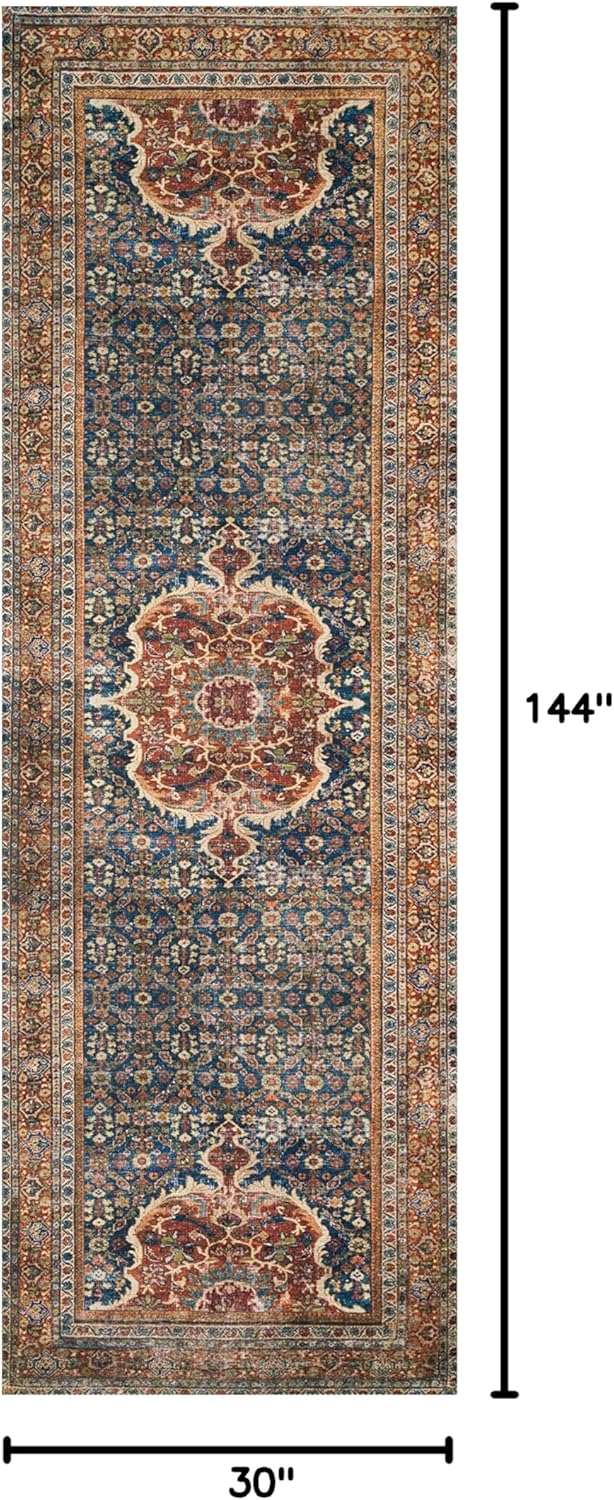 Loloi Layla Collection LAY-09 Cobalt Blue/Spice 2'-6" x 12'-0" .13" Thick Runner Rug, Soft, Durable, Vintage Inspired, Distressed, Low Pile, Non-Shedding, Easy Clean, Printed, Living Room Rug
