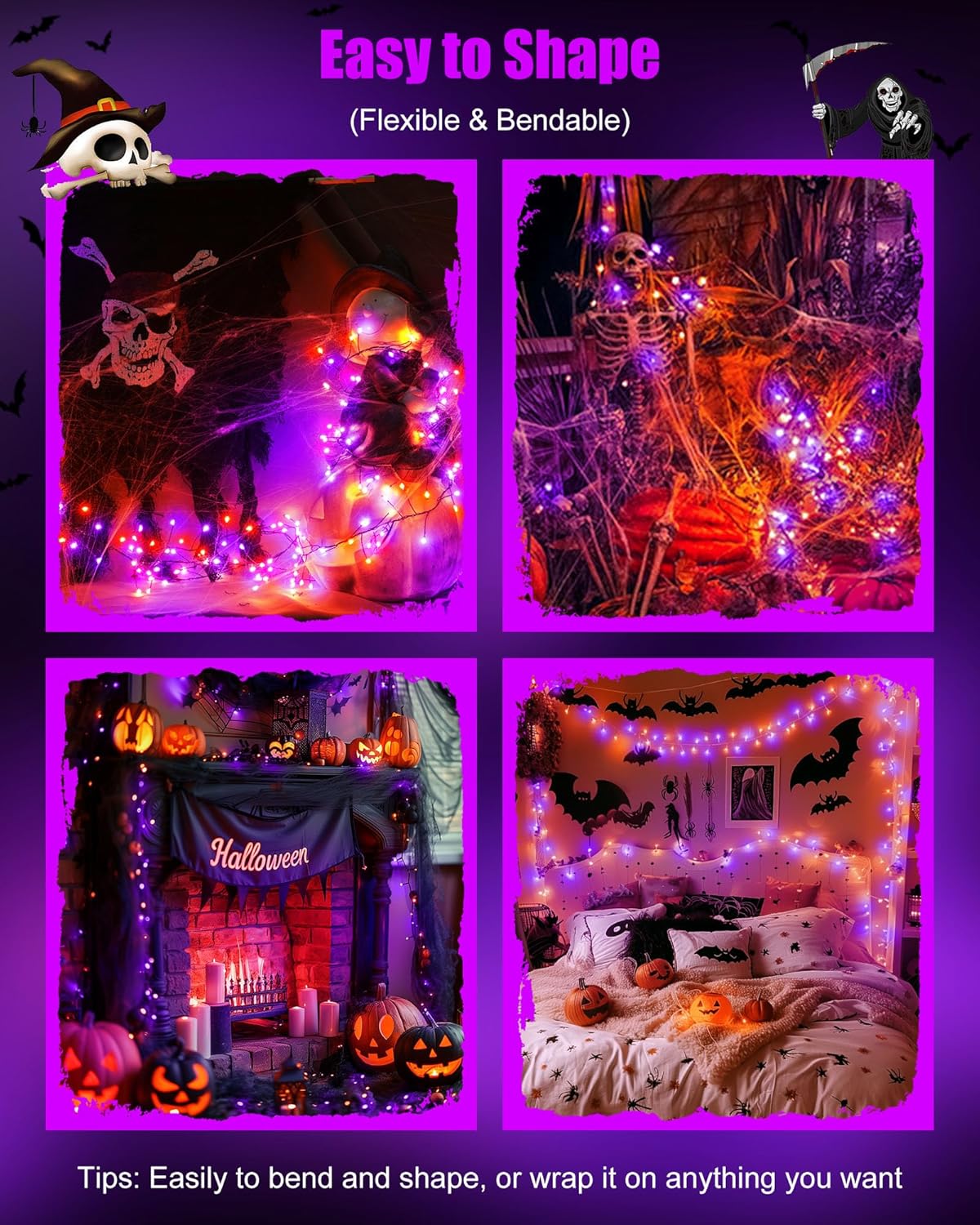 Fairy Lights Battery Operated, Twinkle String Lights Waterproof Silver Wire 5 Feet 60 Led Firecracker Starry Lights for DIY Wreath Party Bedroom Mason Jar Indoor Halloween Decoration, Orange & Purple