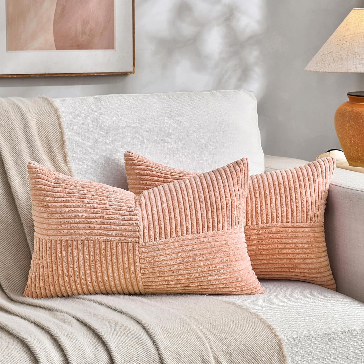 Fancy Homi 2 Packs Peach Lumbar Decorative Throw Pillow Covers 14x24 Inch for Living Room Couch Bed Sofa, Rustic Farmhouse Boho Home Decor, Soft Striped Corduroy Rectangle Accent Cushion Case 35x60 cm