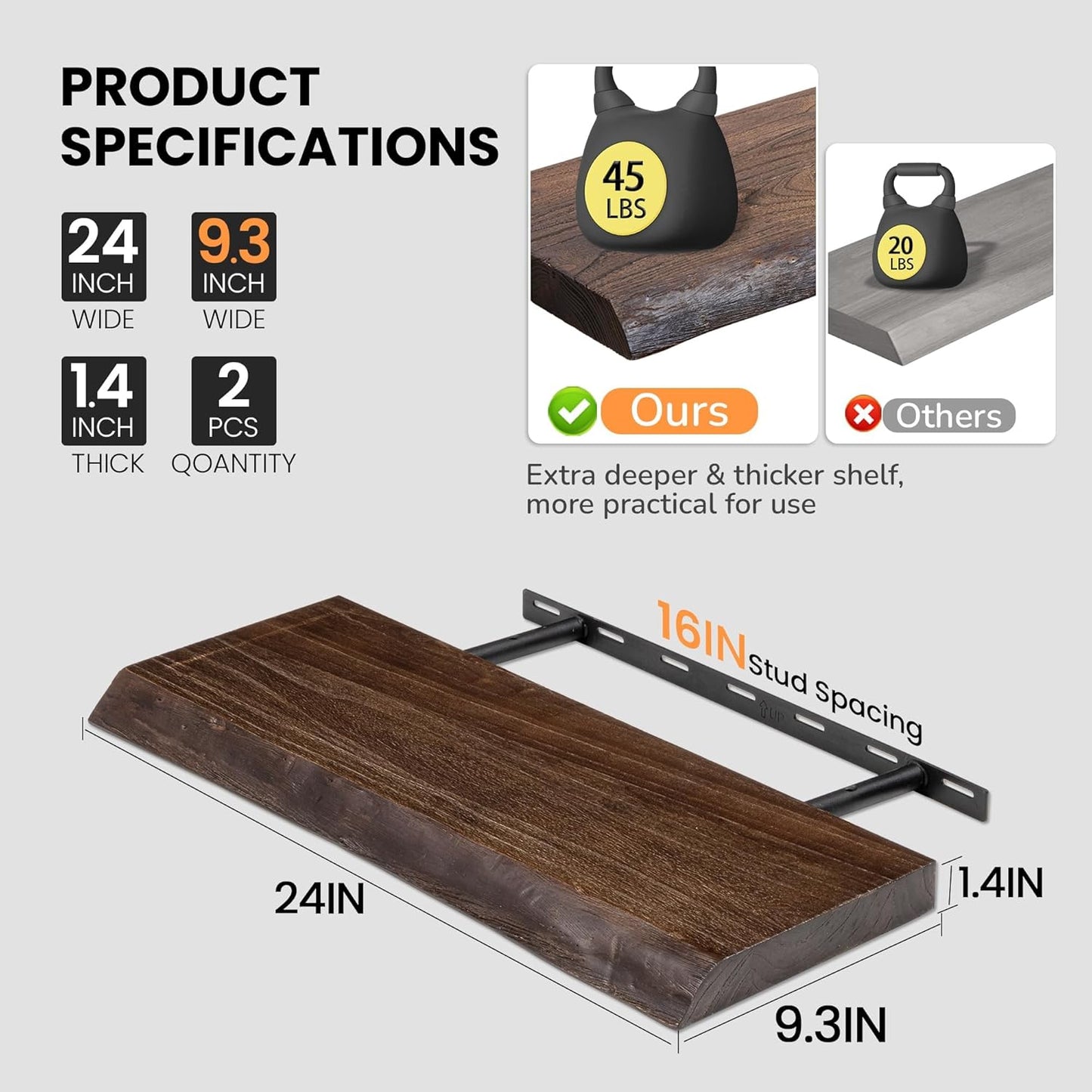 Floating Shelves for Wall, 24"x9.3" Rustic Solid Live-Edge Elm Wood Wall Shelves, Heavy-Duty Floating Shelves with Invisible Brackets, Set of 2 for Living Room, Bedroom, and Kitchen, Walnut Finish