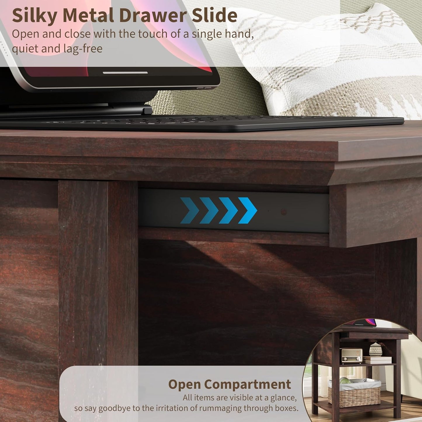 Rresyet Sliding Side Table with Charging Station & 2-Tier Storage,Farmhouse End Table, Wooden Nightstand for Bedroom & Living Room,Cherry