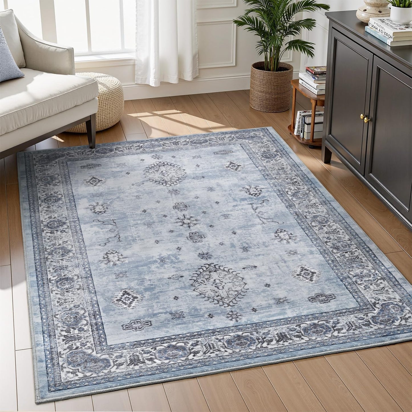 AMOAMI-Vintage Area Rug 3x5 Blue Rugs for Living Room-Soft Washable Rug Non Slip Entryway Rug Indoor Vintage Throw Accent for Bedroom Laundry Room Dining Bathroom Bedside