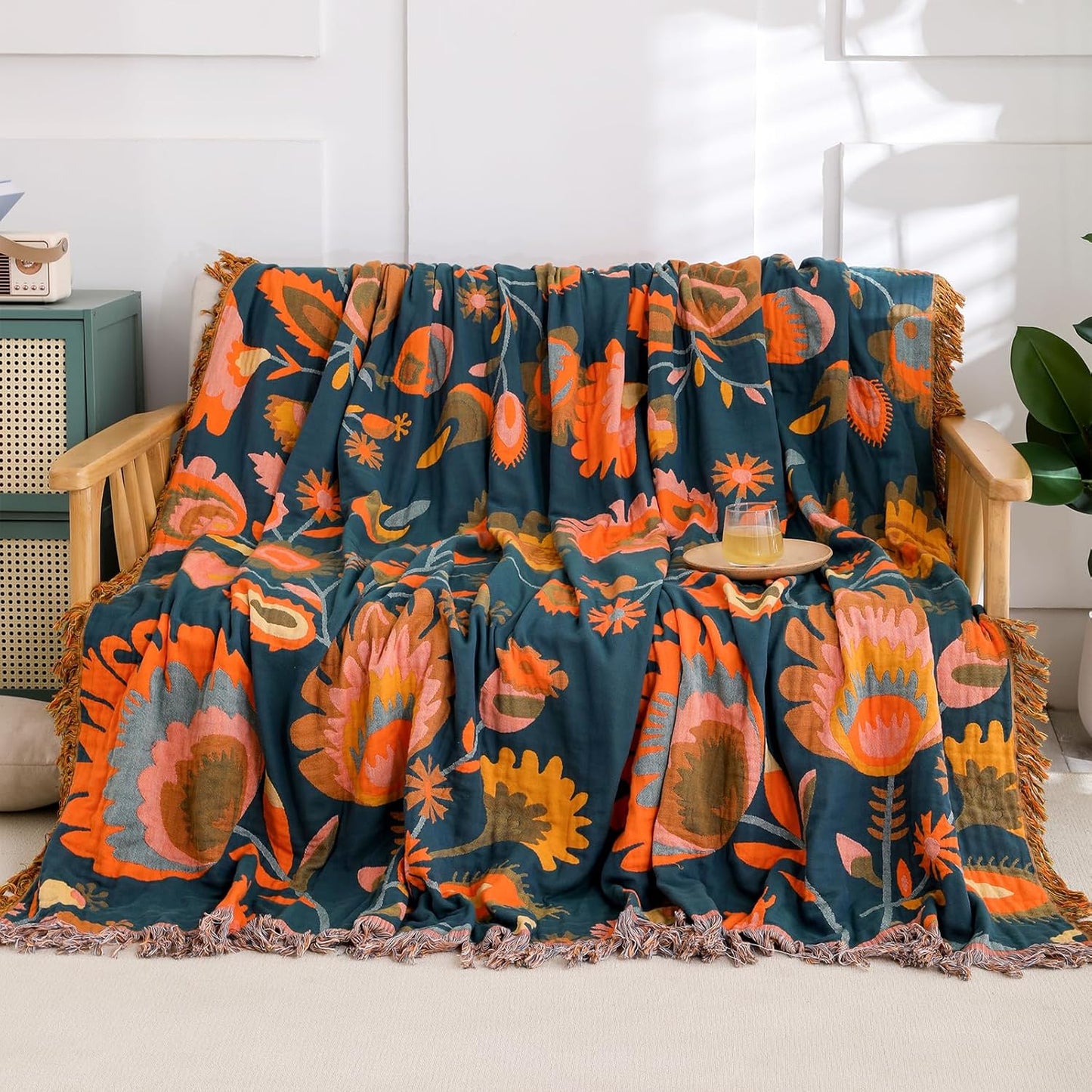 Snycler Boho Throw Blanket for Bed, 100% Organic Cotton Muslin Soft Throw-Orange Boho Floral Farmhouse Rustic Spring Summer Fall Decor Blanket for Couch Sofa Quilt and Gift, 80" x 90"