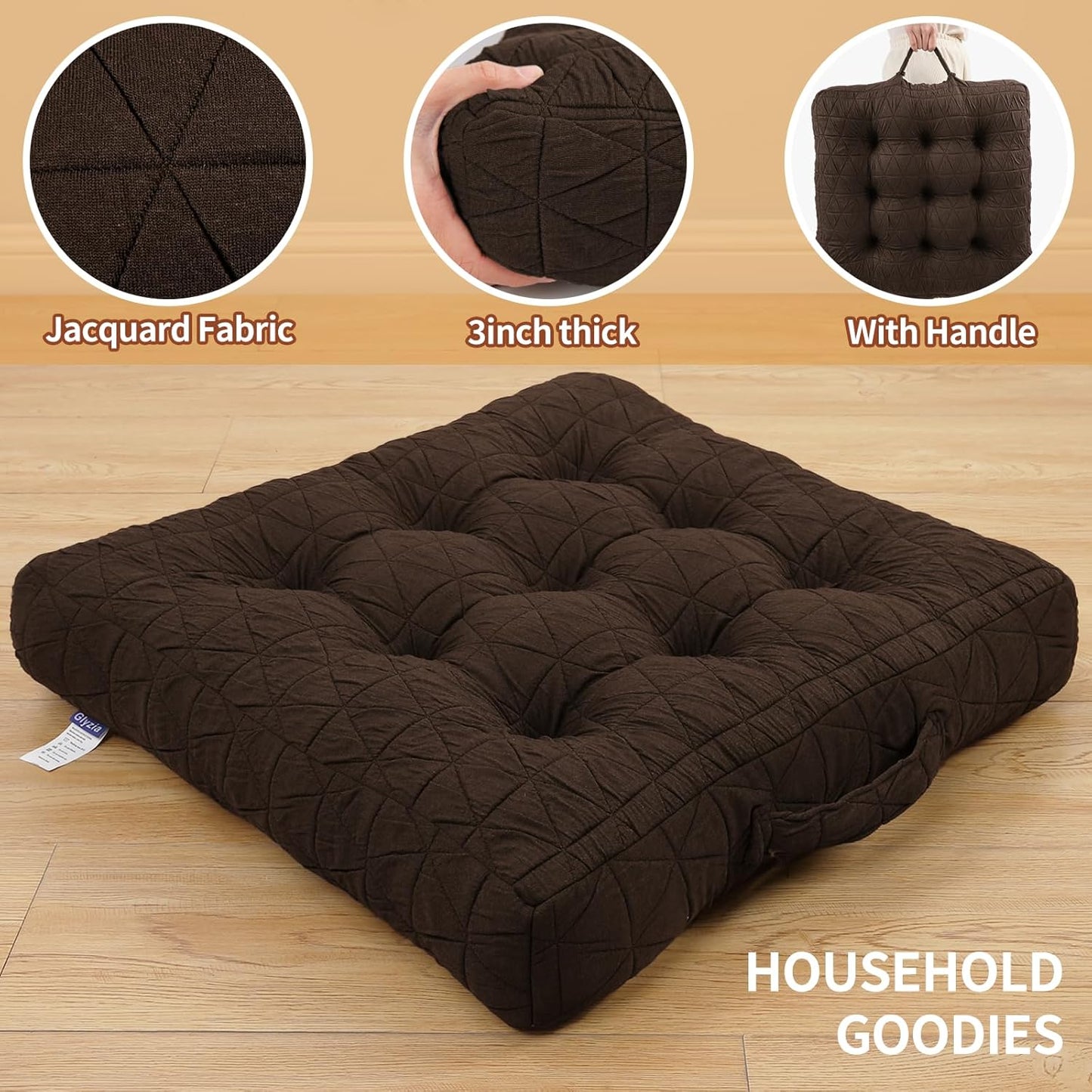 Large Chair Cushions with Handle, 20"x 20" Bite-Size Memory Foam Seat Cushions for Wicker Chair, Patio Non-Slip Rattan Chair Pads, Square Floor Cushion, Brown