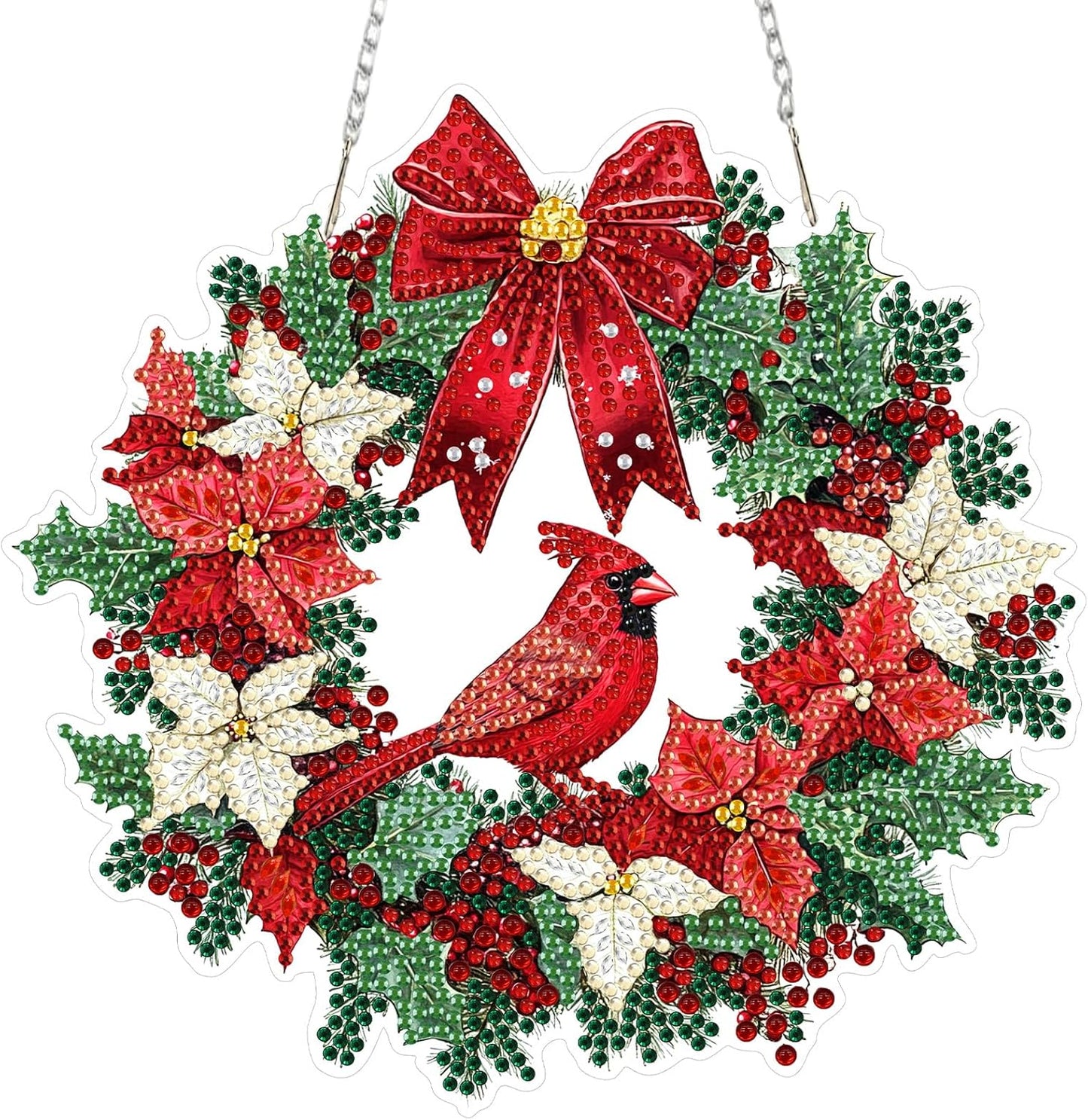 MEIYUDA Christmas Diamond Art Hanging Kits for Adult, Cardinal Wreath Diamond Painting Hanging Kits Ornaments, DIY Special Shaped Rhinestone Window Pendants kit for Home Garden Wall Decor Gift