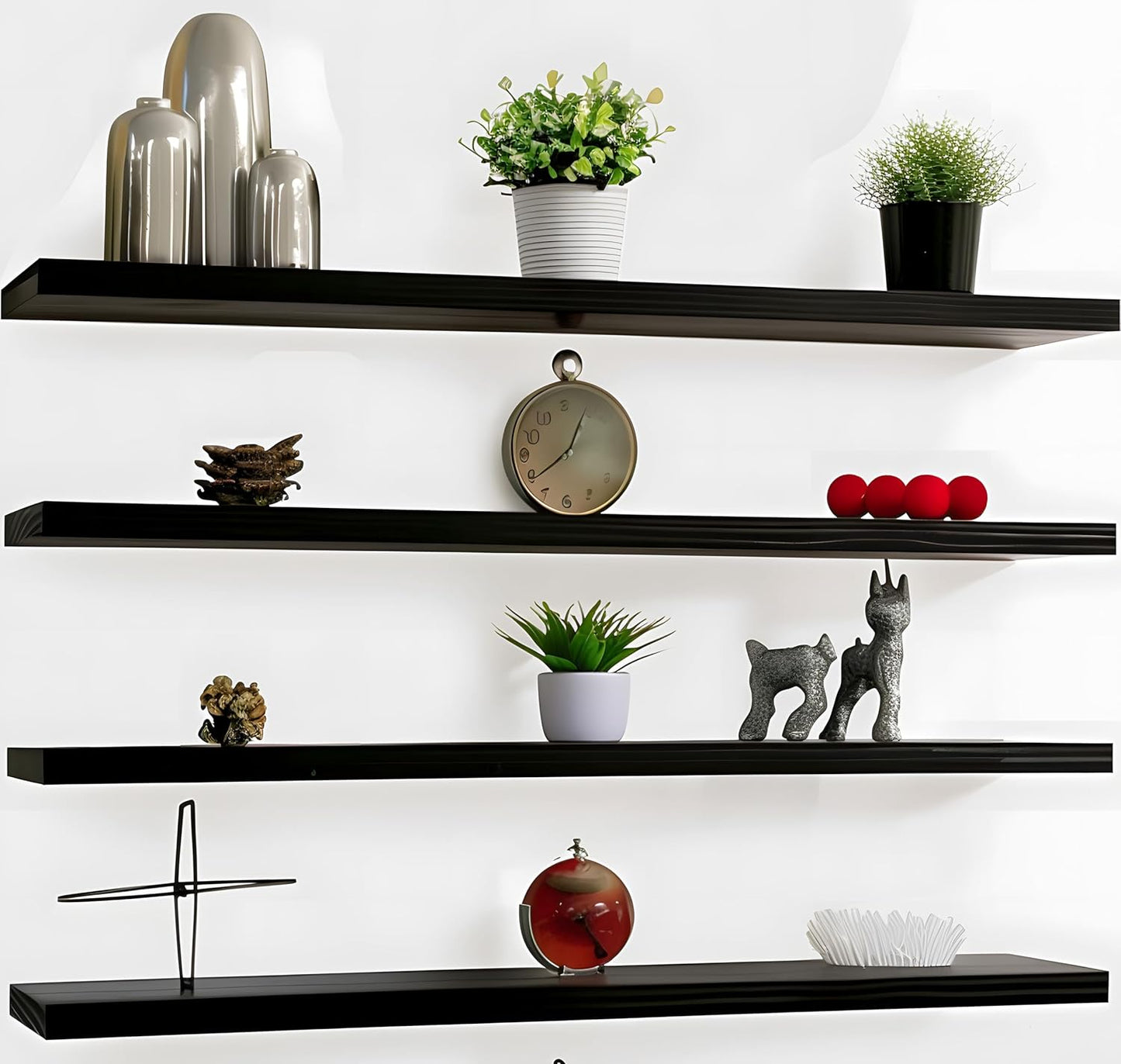 Wood Floating Shelves for Wall Decor, Rustic Wall Shelves for Bedroom Bathroom Kitchen Living Room, Set of 4 Black 48 Inch