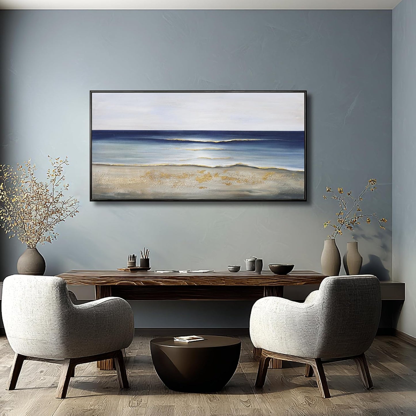 Yuaxker Ocean Wall Art Large Framed Wall Decor Blue and Gold Artwork Room Decor Aesthetic for Living Room Bedroom Dining Room Office Home Decor 30x60 Inch