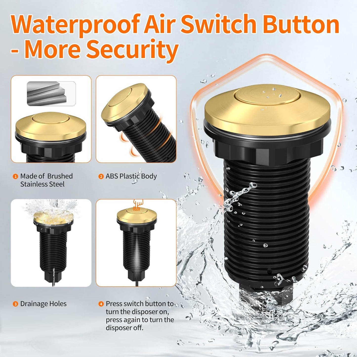 Joinfworld Garbage Disposal Air Switch Kit Waterproof Garbage Disposal Button Kit with Long Garbage Disposal Switch Brushed Brass/Brushed Champagne - UL Listed