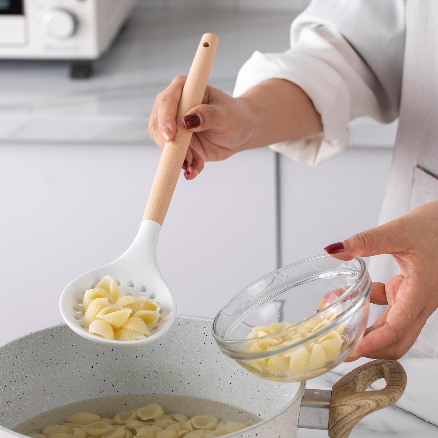 Country Kitchen Non Stick Silicone Utensil Set with Rounded Wood Handles for Cooking and Baking, 14 Piece Set, White