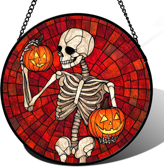 Stained Glass Window Hanging - Halloween Decorations Skeleton Pumpkin Suncatcher for Doors Garden Indoor Spooky Funny Sun Catchers Gothic Decor Horror Gifts for Women Men Friend 15 in