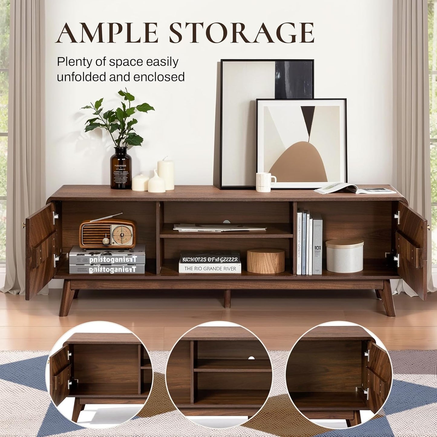 LuxenHome Mid Century Modern TV Stand, 63" TV Stands for Living Room for TVs up to 65", Entertainment Center with Storage, Wood TV Console with Tapered Legs, Television Stands