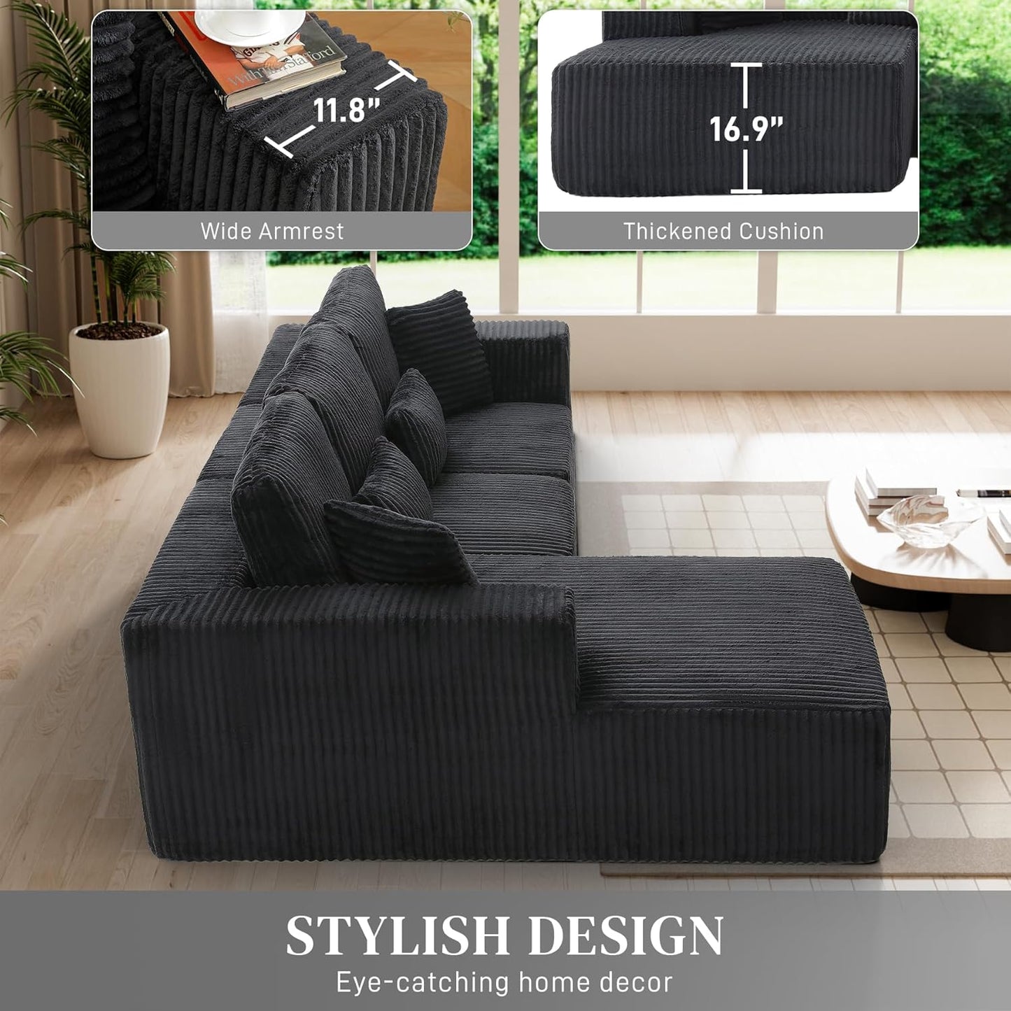 HYJT-H&K Modular Sectional Sofa Cloud Sectional Couch, 107" Comfy Fluffy L Shaped Dark Black Couches for Living Room, Deep Seat Memory Foam Plush Corduroy Boneless Couch Sectionals Left Facing Chaise