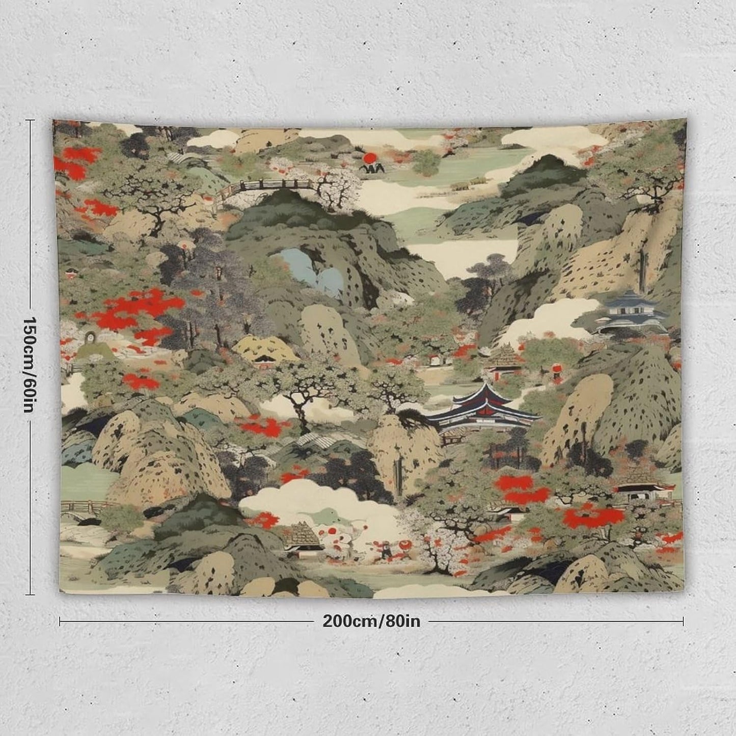 Asian Tapestry,Japanese Red Landscape Asian Watercolor Abstract Art Tapestry, Asian Japanese Wall Tapestry, Nature Landscape Tapestries for Bedroom Living Room Decor 80"x60"