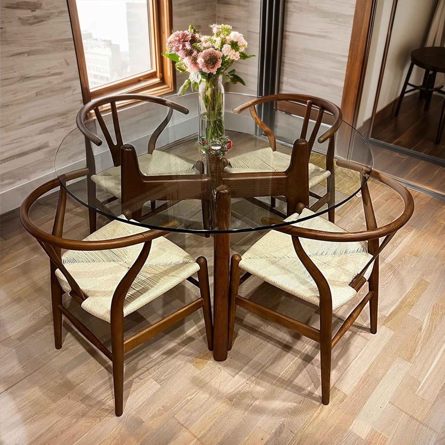 Wishbone Chair Natural Solid Wood Dining Chair/Hans Vegner Y Chair Rattan and Wood Accent Armrest Chairs (Ash Wood - Walnut)