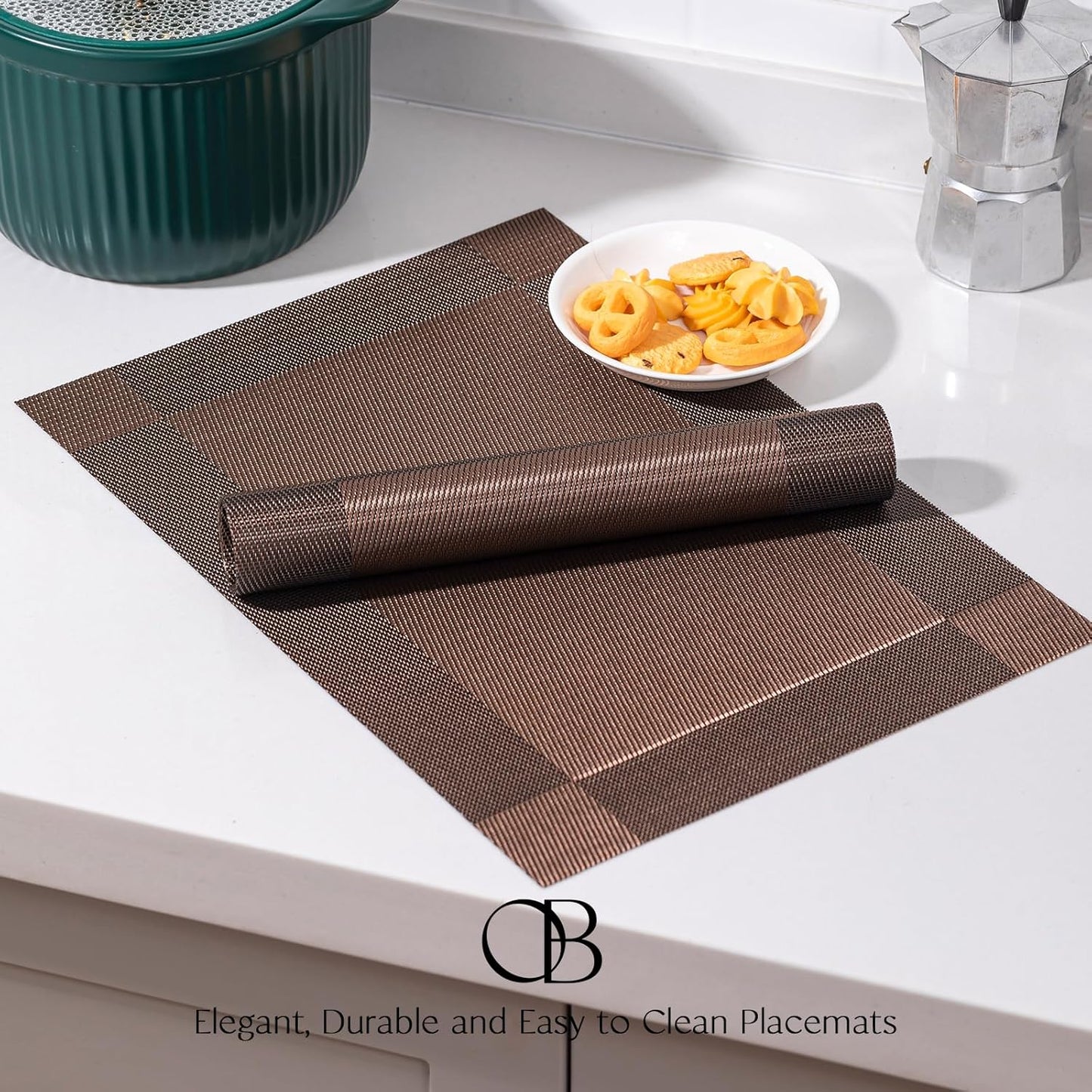 Placemats Set of 4 - Easy Clean Woven Vinyl Placemats for Dining Table, Indoor/Outdoor Place Mats, Washable PVC Table Mats（Brown Cube）