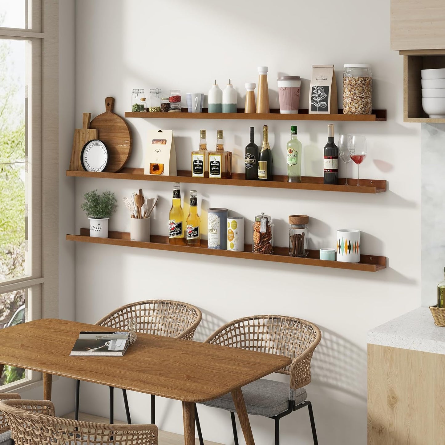 Picture Ledge Wall Shelves 24 inch Width Set of 2, Solid Pine Wood Rustic Floating Ledge Shelves for Wall for Kids' Room Bedroom Kitchen Bathroom Living Room Nursery Display Wall Decor, Walnut