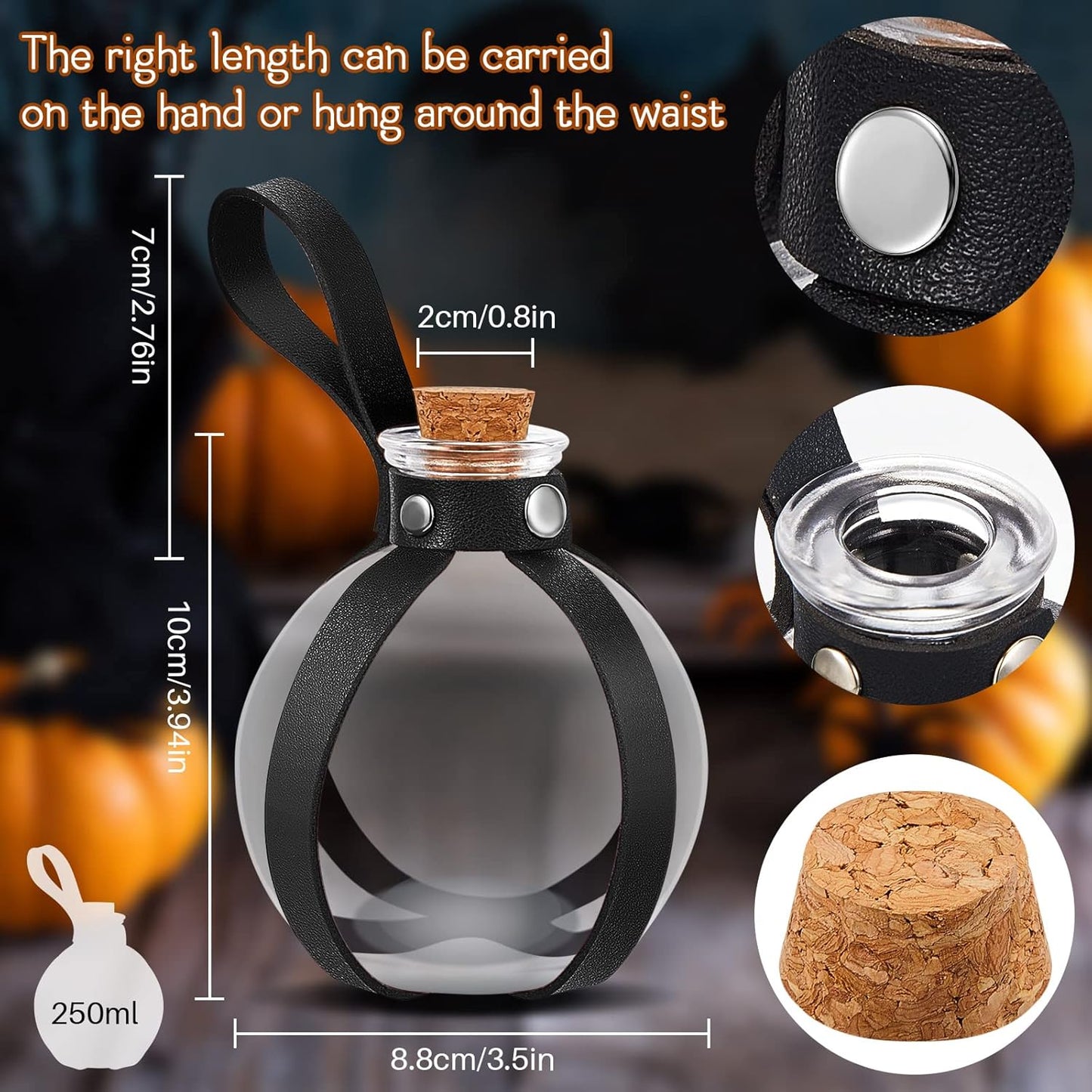 Patelai 2 Pcs Halloween Glass Potion Bottles with Belt Cork Renaissance Witch Costume Accessories Witch Props Potion Bottle for Halloween Party Decor Cosplay DIY Crafts Gift (Black)