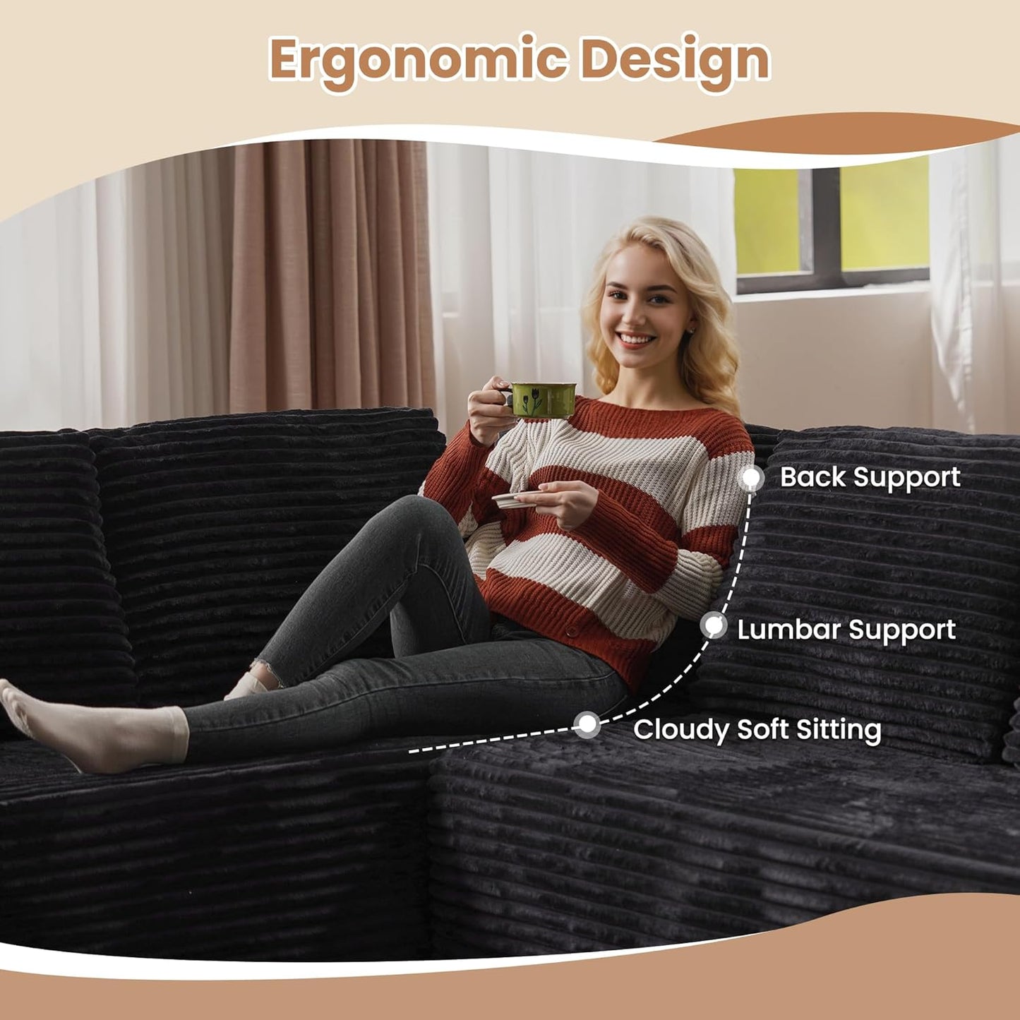 HOOOWOOO Cloud Sectional Couches for Living Room,Modular Sectional Sofa No Assembly,133X70 Inch Plush Corduroy Large U Shaped Floor Couch Set with Deep Seat Chaise Lounge(Black)