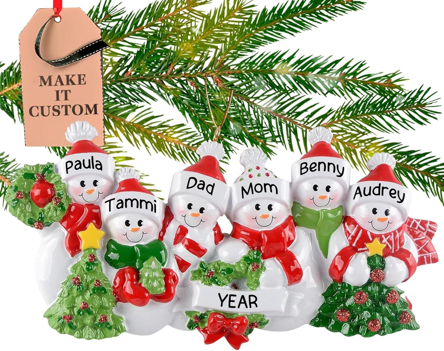 Personalized Family of 6 Ornament 2025 | Free 24h Customization | Laser Engraved Snowman Christmas Ornaments for Tree | Custom Gift Wrapped Festive Holiday Keepsake for Six Persons