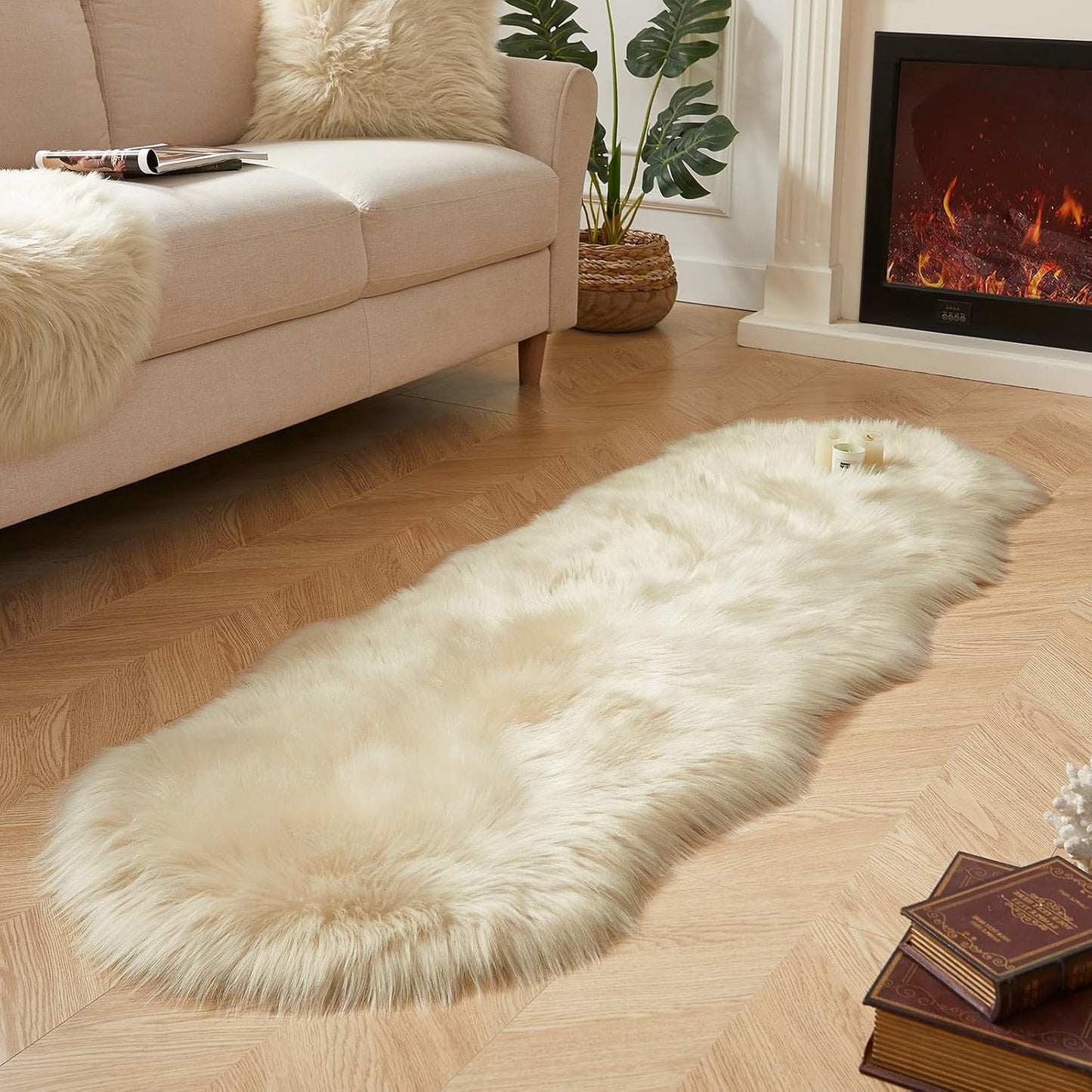 AMTOVO Faux Sheepskin Rug, Beige Ultra Soft Fluffy Shag Area Rug, 2 x 6 ft Faux Fur Rug for Bedroom Sofa Throw Cushion Room Decor, Sheepskin