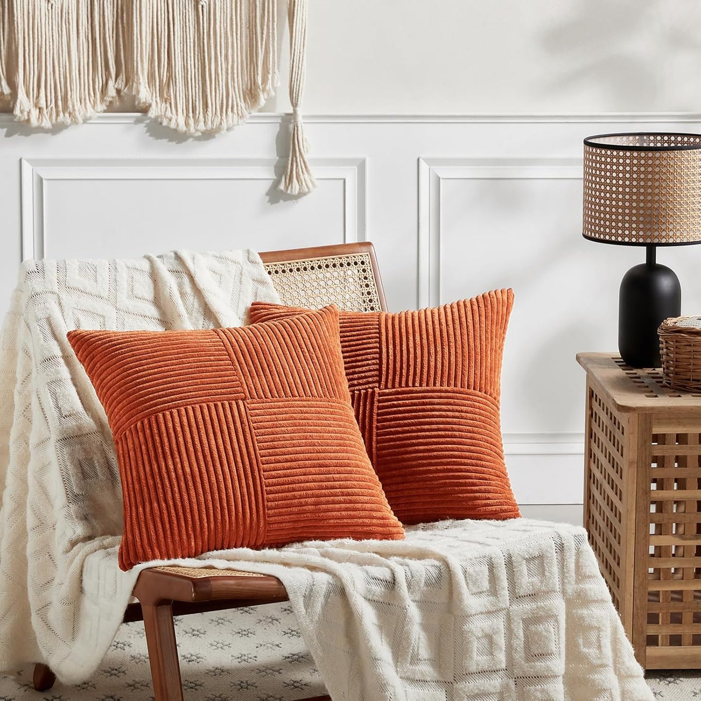 Fancy Homi Set of 2 Burnt Orange Decorative Throw Pillow Covers 20x20 Inch for Living Room Couch Bed, Boho Farmhouse Fall Home Decor, Soft Corss Corduroy Patchwork Textured Cushion Case 50x50 cm