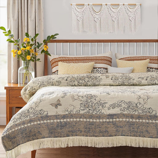 jinchan Boho Floral 100% Cotton Blanket 4-Layer Throw Blanket with Tassel Grey and White Flower Butterfly Soft Luxury Rustic Farmhouse Decor Blanket for Couch Bed 80x90 inch All Season Gift for Women