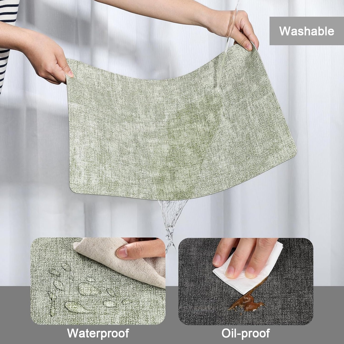 Myir JUN Placemats Dual Sided, Faux Leather Place Mats Set of 8 Indoor Placemats for Dining Table Non-Slip Washable Placemats Heat Resistant Outdoor Table Mats (Set of 8, Gray Grass Green)