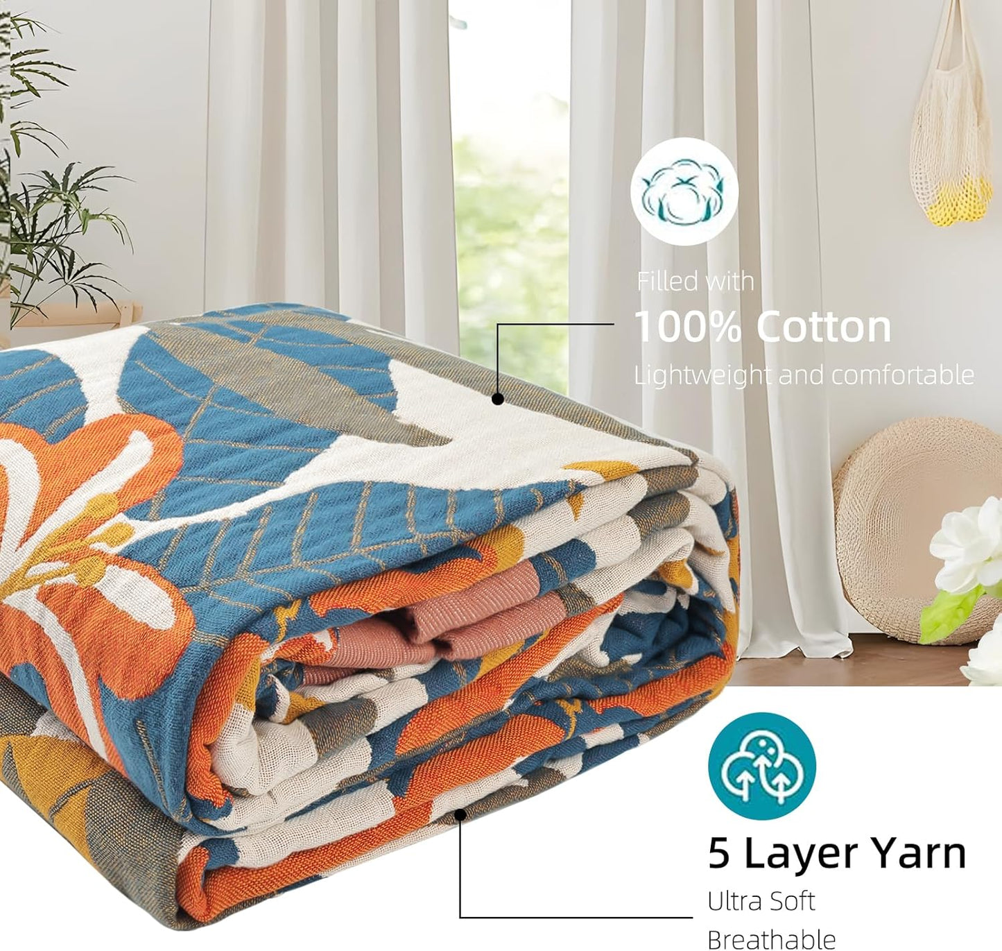 Boho Throw Blanket for Bed - 100% Pure Cotton Ultra Soft Rustic Quilt - Farmhouse Decor Bed Blankets, All Season Rustic Throw for Sofa Couch Chair(60"×80", Floral Sea)