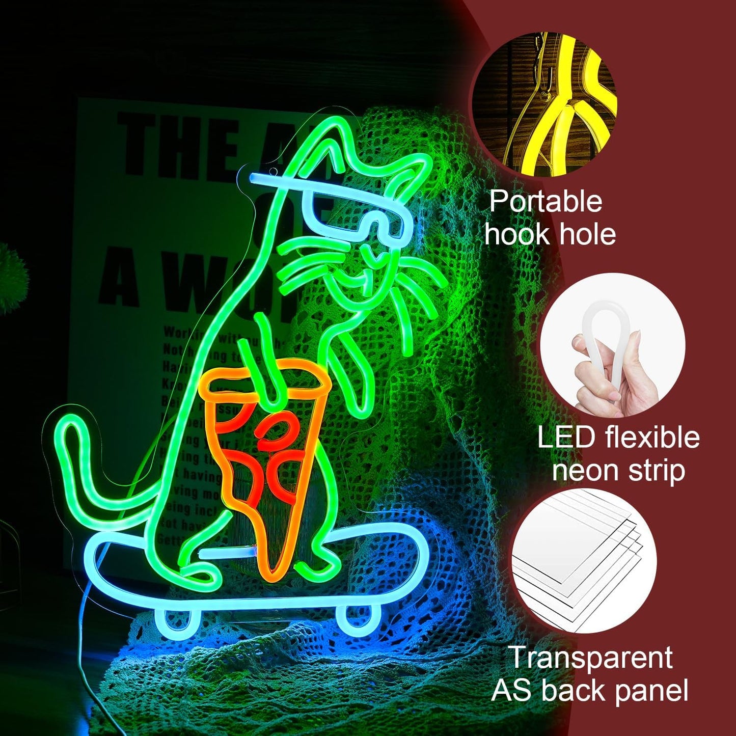 Skateboard Cat Neon Sign LED Cool Glasses Cat Neon Light for Wall Decor Pizza Neon Light Sign Dimmable USB Cat Pizza Light Up Sign for Bedroom Pizza Restaurant Pet Shop Gift (16.7 "*12.2 ")