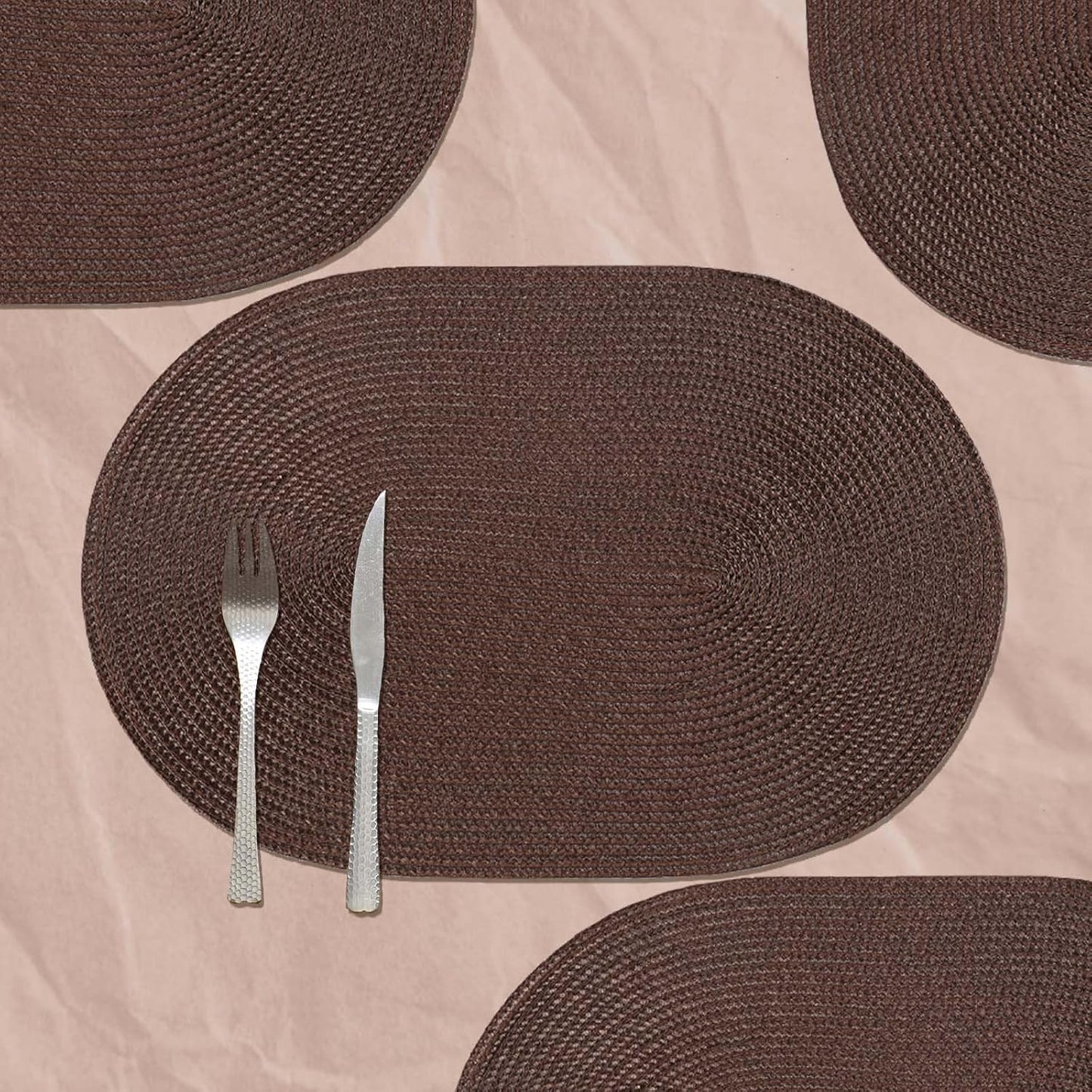 AHHFSMEI Placemats Set of 6 for Dining Table Washable Woven Vinyl Non-Slip 18x12 inches Placemat Heat-Resistant Durable Table Mats for Dining Table Easy to Clean (Oval Brown, 6)