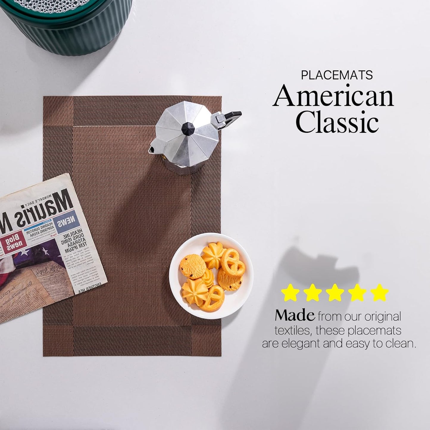 LEXMORE Placemats Set of 6 Vinyl/Plastic Woven Place Mats for Kitchen Table Indoor/Outdoor Washable Placemat Wipeable Dining Table Mats(G-Brown Cube)