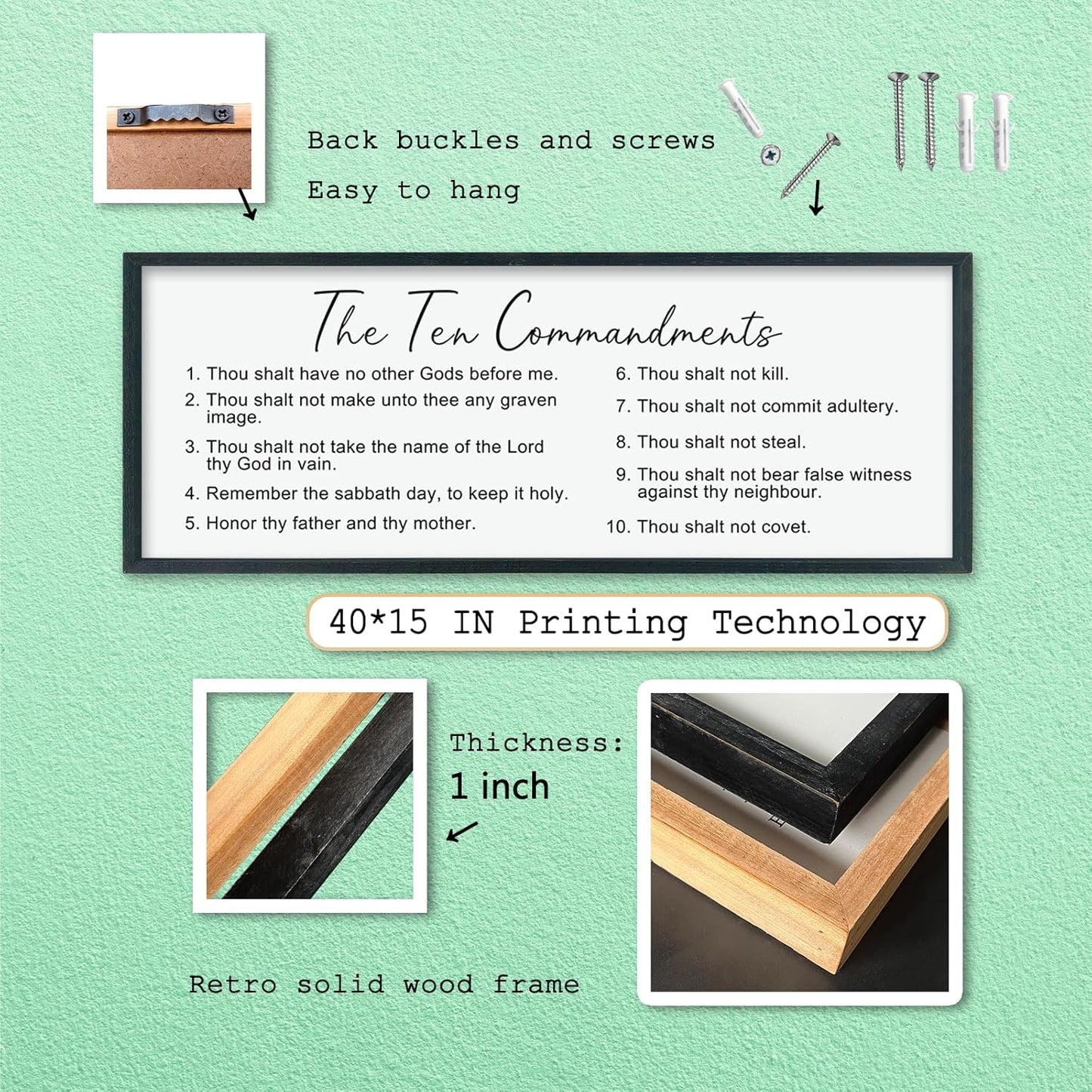 LuZhiQiang The Ten Bible Verse Wall Decor 40"×15" God Jesus Prayer for Christian Saying Catholic Scripture Sign Large Wood Framed Wall Hanging Art (Black)