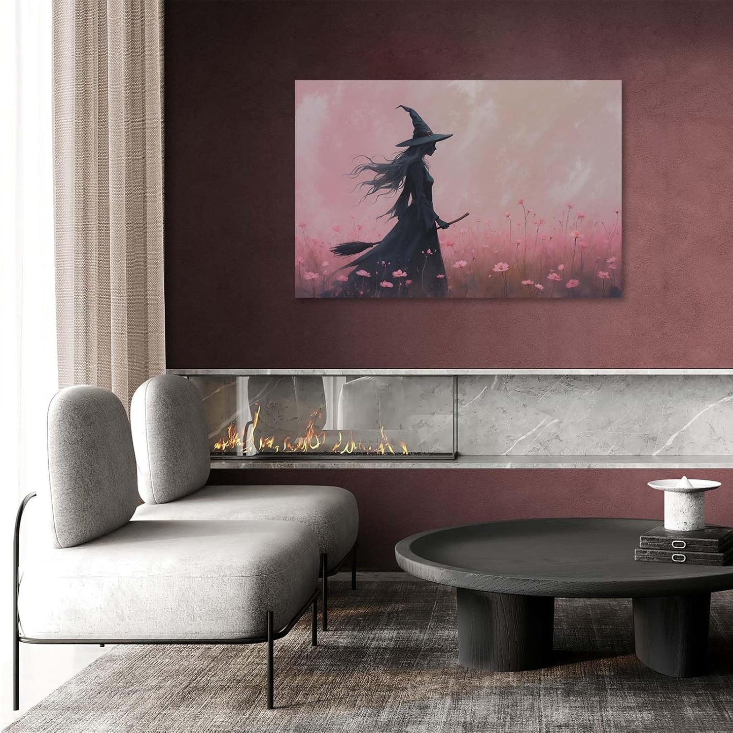 Witch in the pink sea of flowers Halloween prints weird flowers wall art silhouette painting fashionable romantic decoration suitable for bedroom8x12in Wood Framed