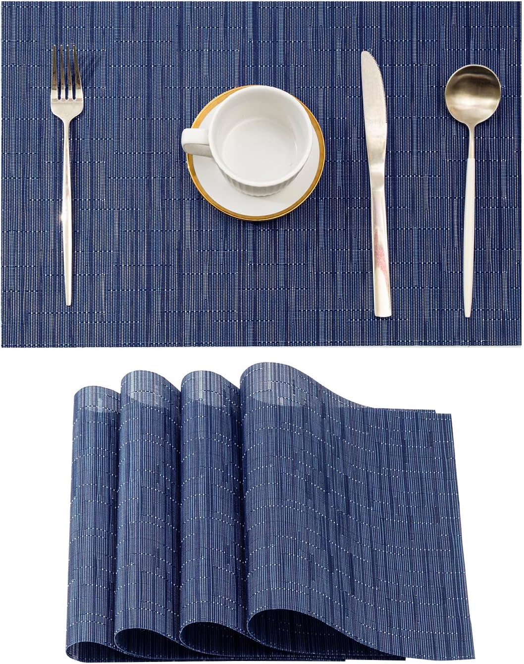Leetaltree Blue Placemats Set of 4 - Heat Resistant Non-Slip Place mats for Dining Table, Washable Durable PVC Vinyl Woven Table Mats（Blue, 4）