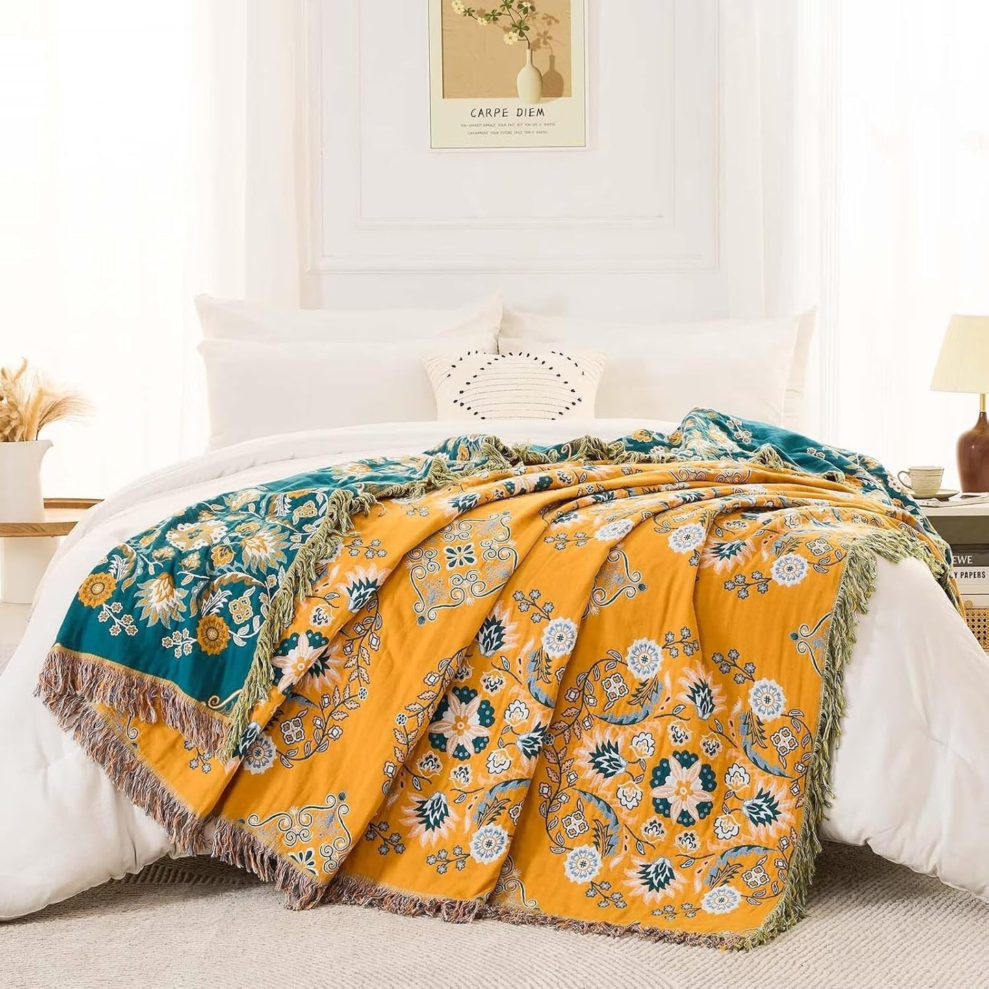 Boho Throw Blanket, 100% Cotton Ultra Soft Luxury Throw Rustic Quilt, Floral Printed Farmhouse Decor Bed Summer Blankets, All Season Rustic Reversible Bohemian Throw for Bed (80"x90" Yellow