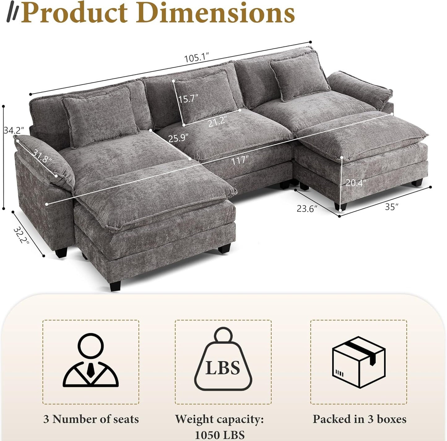 URRED Modular Sectional Sofa Comfy Cloud Couch, Modern Chenille Sofa Sleeper Deep Seat Couches with Ottoman/Pillows for Living Room (Gray, 117'' - U Shape)