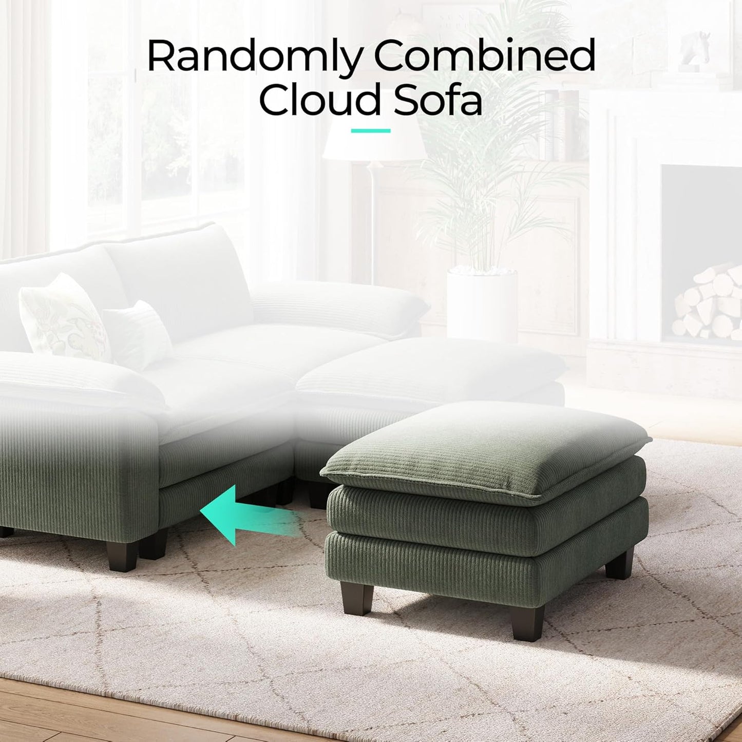 LINSY HOME Modular Sectional Sofa - 90'' Sleeper Sofa Cloud Couch Oversized Corduroy Sofa Bed with Movable Ottoman Soft Modern Comfy Couch for Living Room Apartment Office, Green
