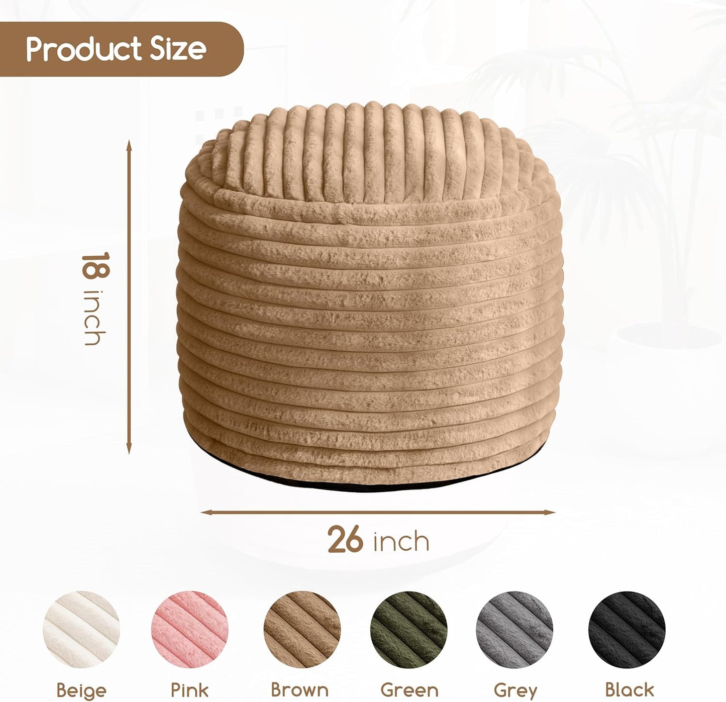 HIGOGOGO Round Stuffed Pouf Ottoman, Stripe Faux Fur Poufs with Foam Chunk Filling, Furry and Fluffy Pouf Foot Stool Storage Ottoman, 26 X 18 Floor Poufs Foot Rest for Living Room, Brown