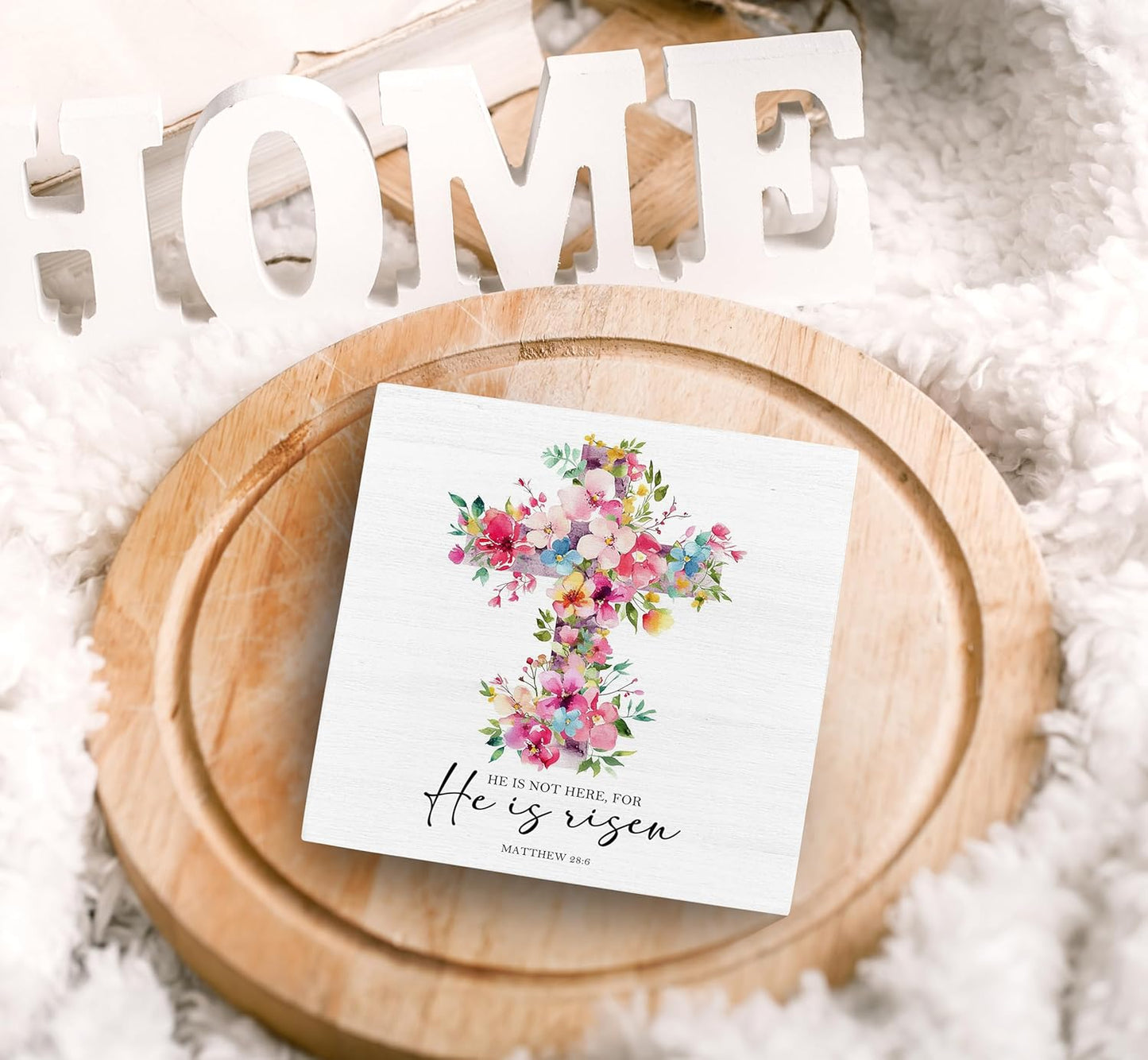 SRADMO He Is Risen Sign, Floral Cross Easter Christian Wood Box Sign Desk Decor, Christian Easter Decorations, Easter Theme Wooden Block Box Decoration for Home Office Shelf Table Decor