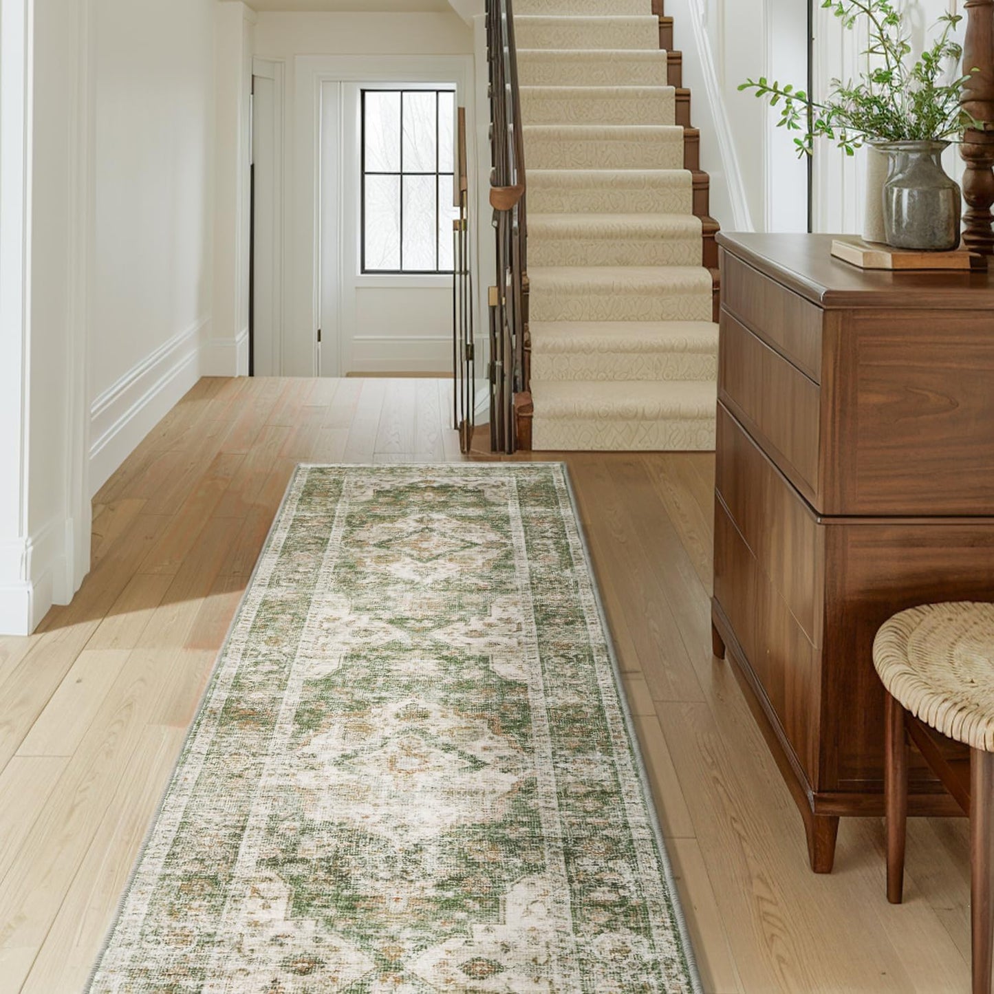 AMOAMI-2X6 Runner Rug-Washable Runners for Hallways-Soft Non Slip Bedside Rugs for Bedroom-Vintage Long Rug for Hallways Entryway Laundry Room Stair Kitchen Bathroom Olive Green