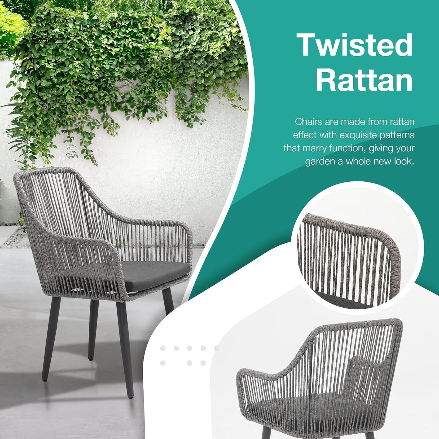 Patiorama Outdoor Dining Chairs, Patio Dining Chair Set of 6, All-Weather Woven Rope Rattan Chairs, Outdoor Dining Wicker Chairs with Armrests for Indoor Balcony Pool Backyard(Gray)