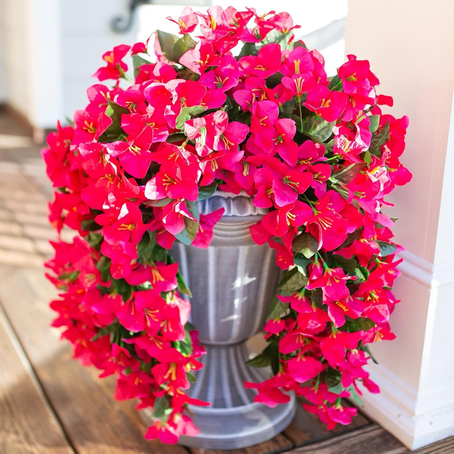 Faux Bougainvillea Artificial Flowers Plants for Outdoors Outside Decoration, 2 PCS Fake Flowers Silk Long Trailing Vines UV Resistant Realistic for Front Door Porch Planter Urn Patio Balcony Hot Pink