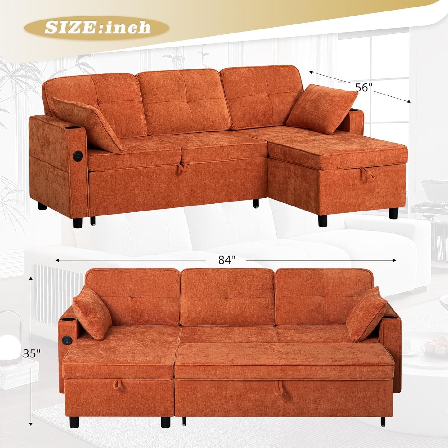 84 Inches Chenille Sectional Sofa w/Pull-Out Sofa Bed & Adjustable Back, Tufted L-Shaped Couch w/Storage Chaise, Sleeper Sectional Sofa w/USB Port & Cup Holders for Living Room, Orange
