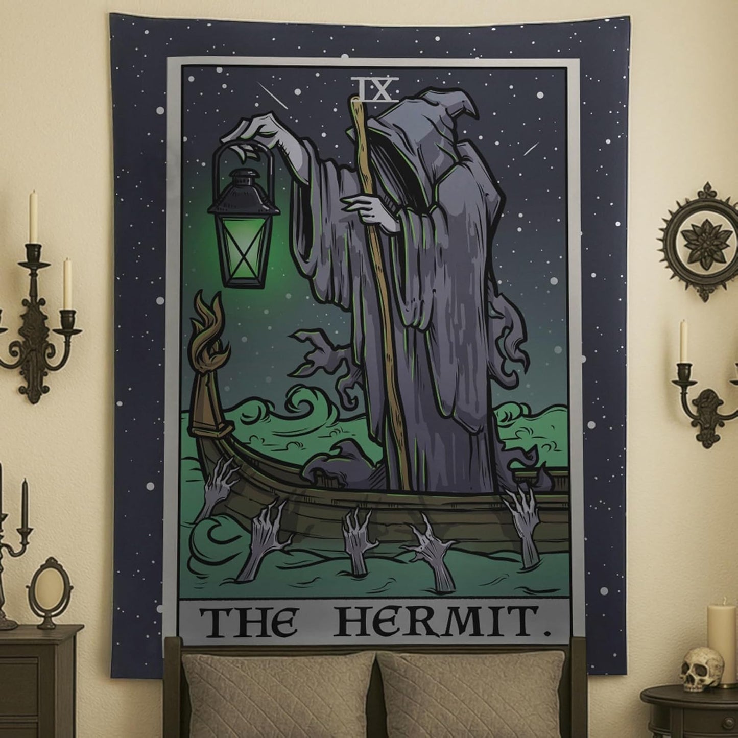 The Hermit Tarot Card Tapestry - Grim Reaper - Gothic Halloween Home Decor Wall Hanging (80" x 68")