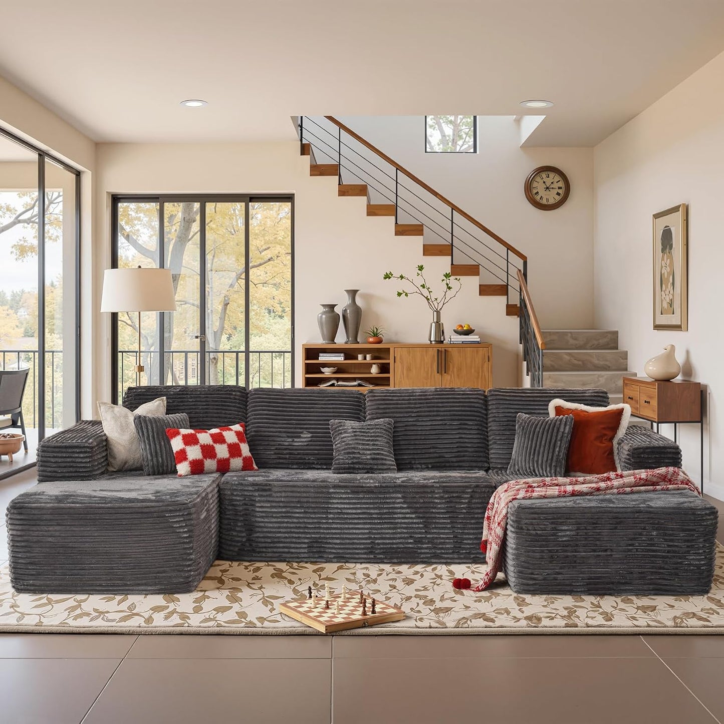 Cloud Sectional Couches for Living Room,U Shaped Modular Sofas No Assembly,133x68 Inches Plush Corduroy Oversized Floor Couch Set with Deep Seat Chaise,Grey