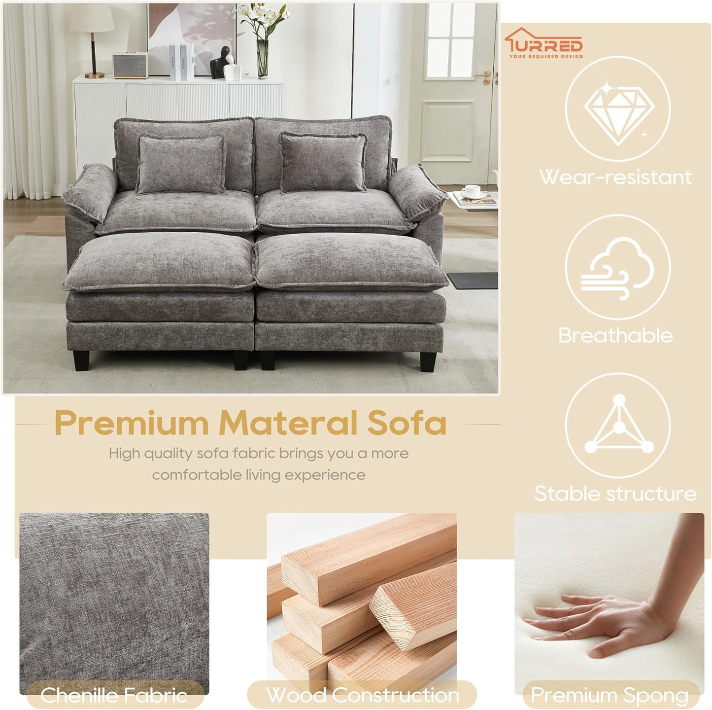 URRED Modular Sectional Sofa Comfy Cloud Couch, Modern Chenille Sofa Sleeper Deep Seat Couches with Ottoman/Pillows for Living Room (Gray, 82.6''- 2 Ottomans)