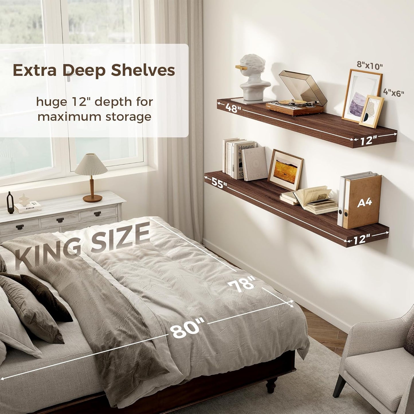 Floating Shelves 55 Inch Long, 12 Inch Deep Floating Shelves for Wall, Rustic Deep Wall Shelf for Fireplace Mantel, 55 x 12 Large Display Shelf for Living Room, Bedroom, Kitchen, Walnut Color, 1 Pack