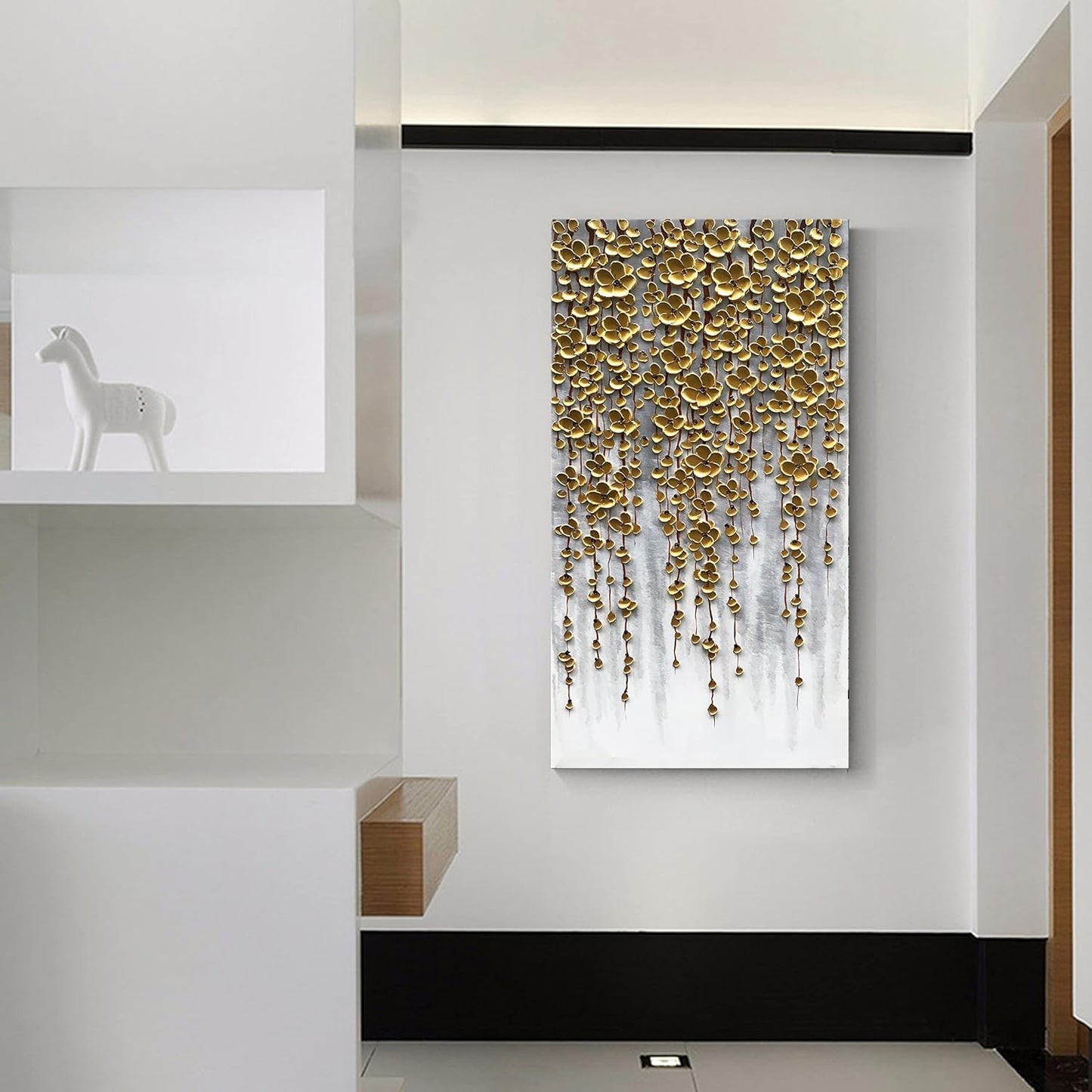 3D Vertical Abstract Canvas Oil Painting Wall Art, 116x57cm Golden Flower Painting Wall Art, Home Living Room Wall Decoration Abstract Painting Art